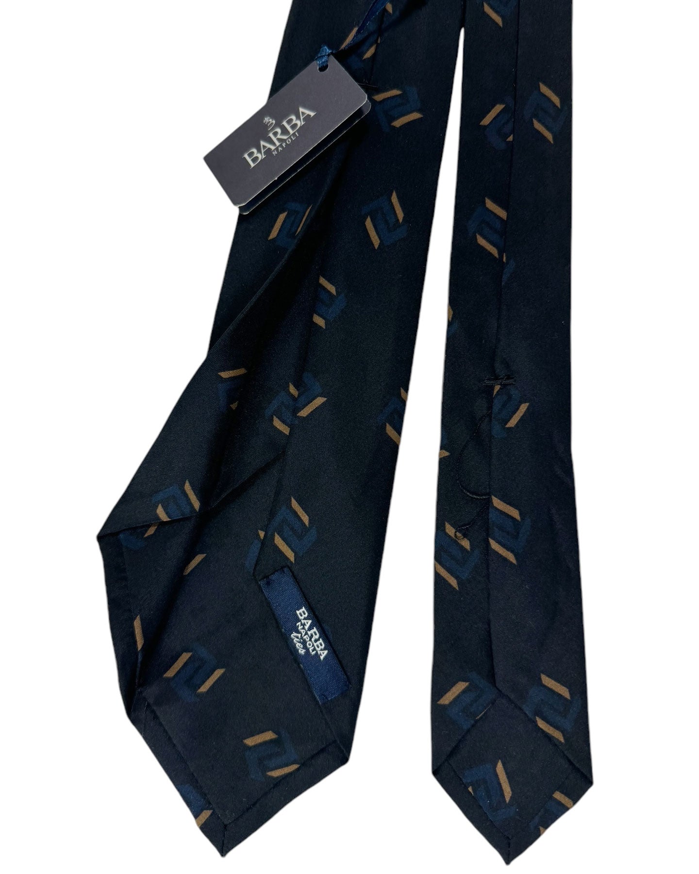 Barba Sevenfold Tie Midnight Blue Brown Geometric Design - Sartorial Neckwear