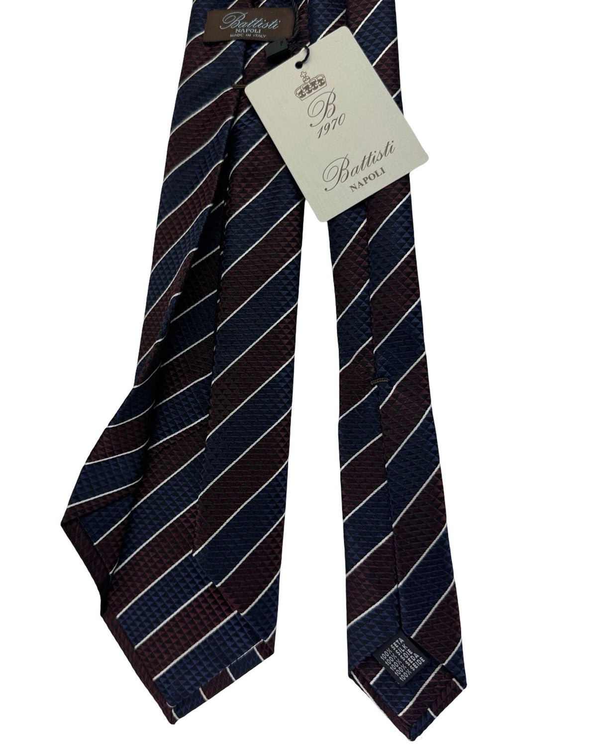 Battisti Sevenfold Tie Navy And Brown Stripe Geometric