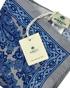 Luigi Borrelli Pocket Square Navy Blue Paisley with Gray Border