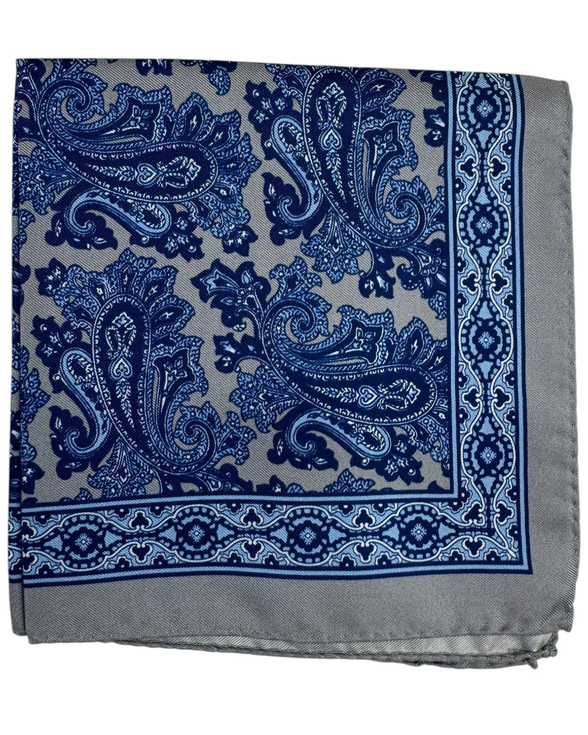 Luigi Borrelli Pocket Square Navy Blue Paisley with Gray Border