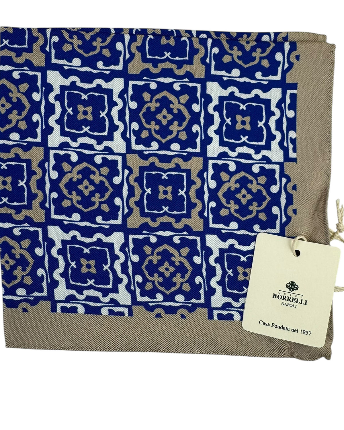 Luigi Borrelli Wool Pocket Square Royal Blue Geometric Tile with Tan Border