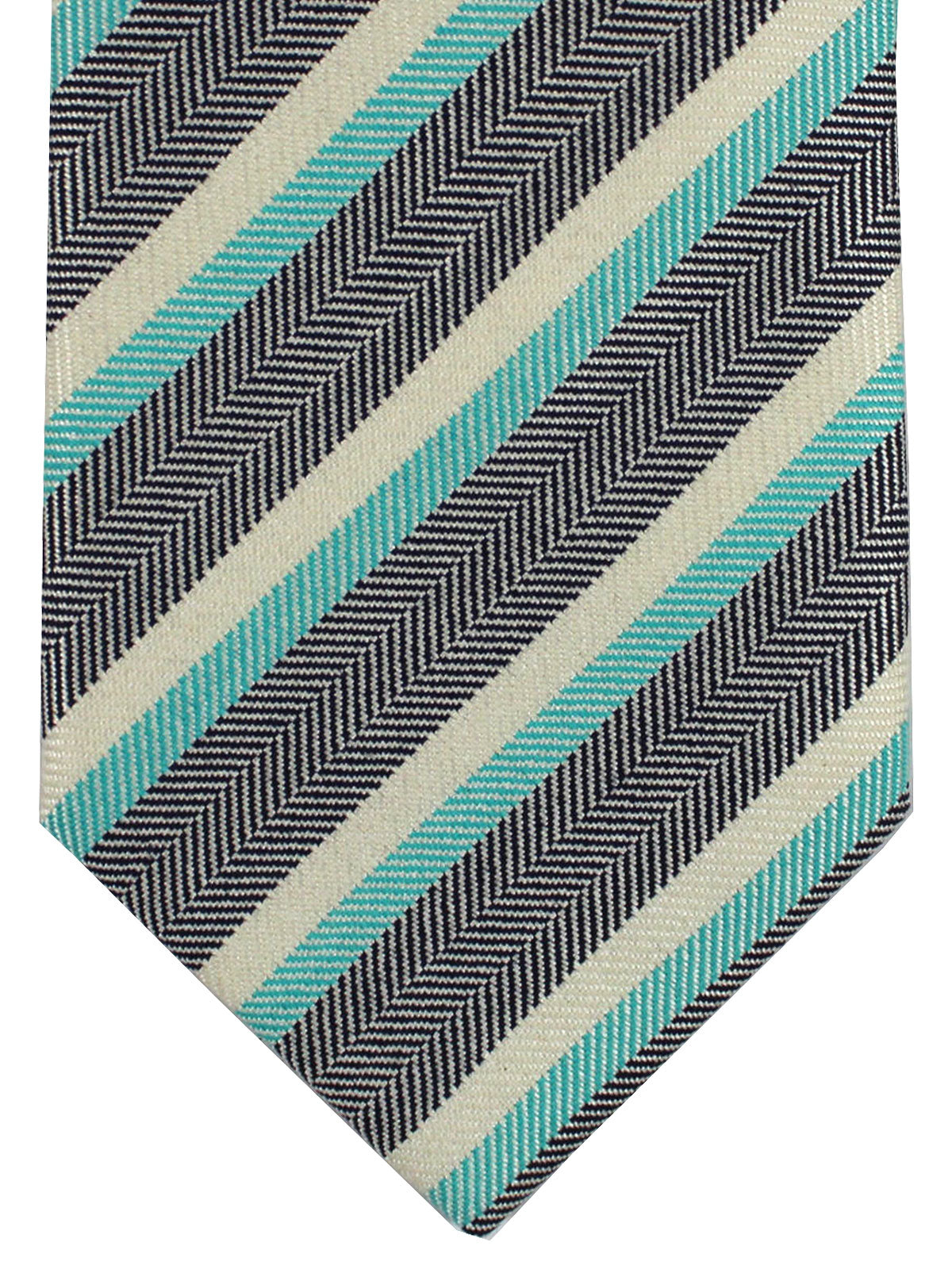 Luigi Borrelli Linen Silk Tie Navy Silver Aqua Stripes