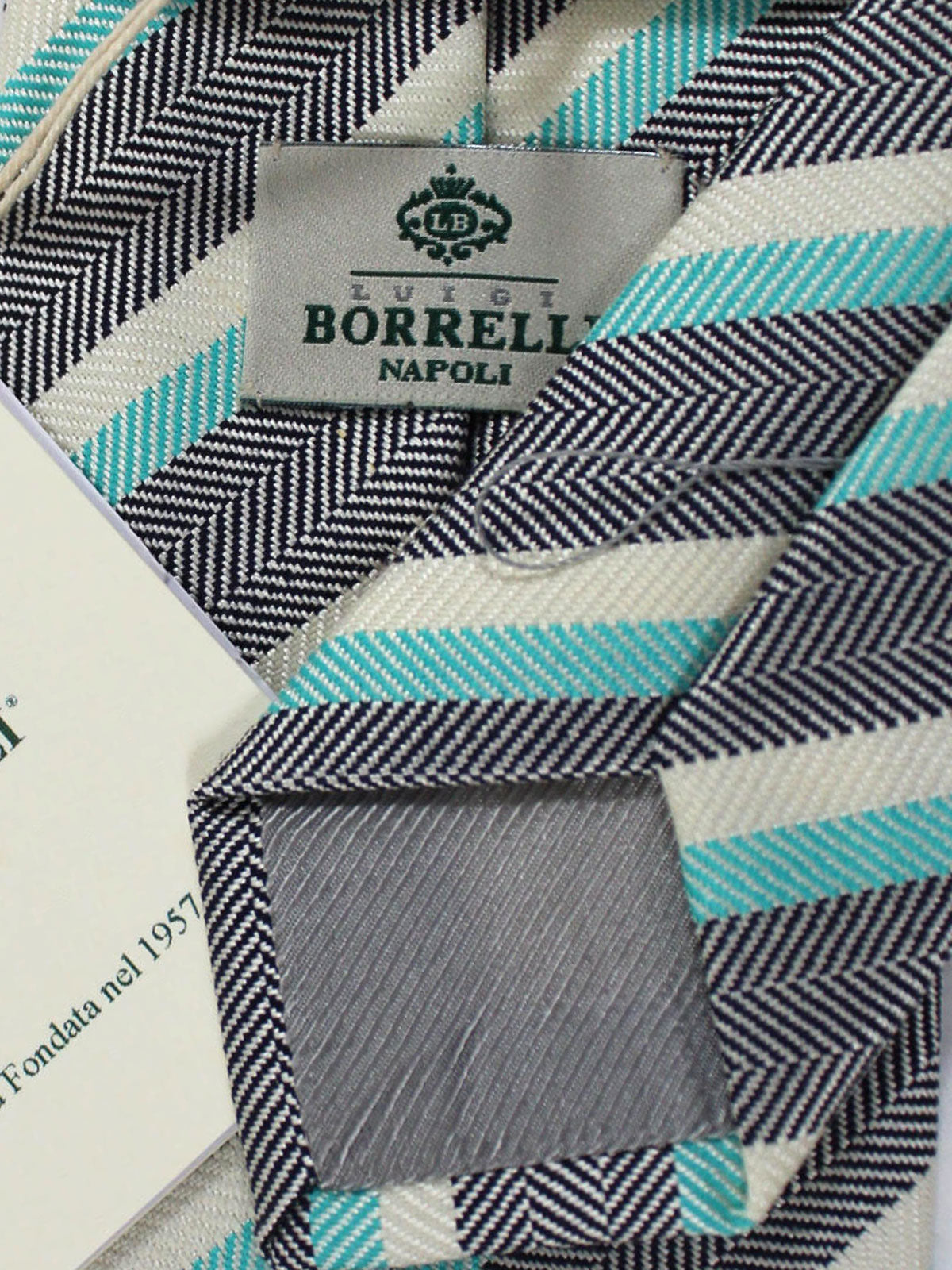 Luigi Borrelli Linen Silk Tie Navy Silver Aqua Stripes