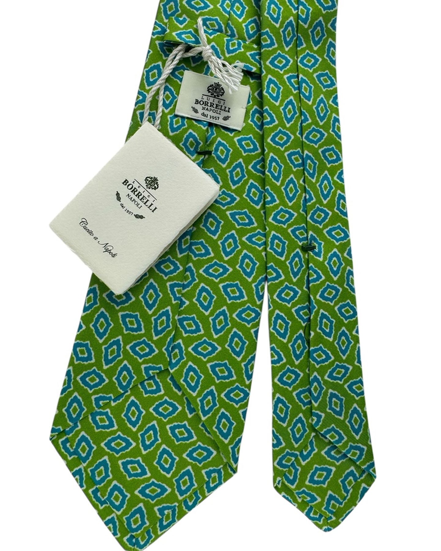 Luigi Borrelli Tie Bright Green Aqua Blue Abstract Diamond Pattern