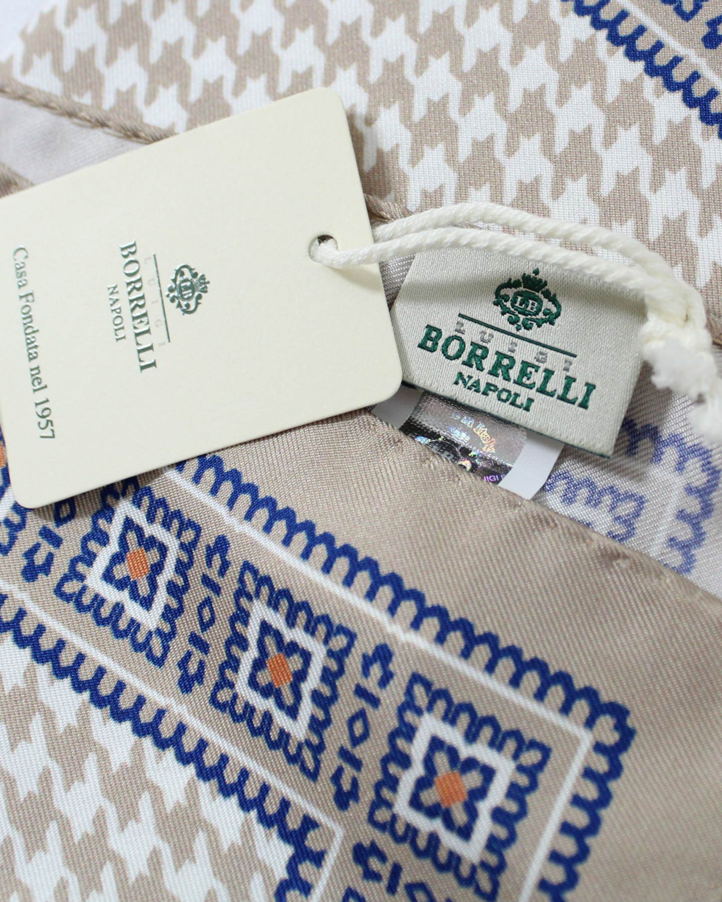 Luigi Borrelli Silk Pocket Square Beige Tan Houndstooth
