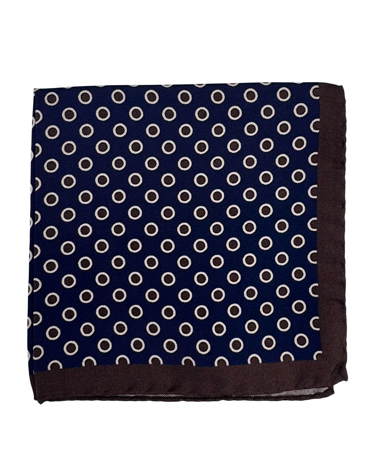 Luigi Borrelli Silk Pocket Square Midnight Blue Brown Dots Circles