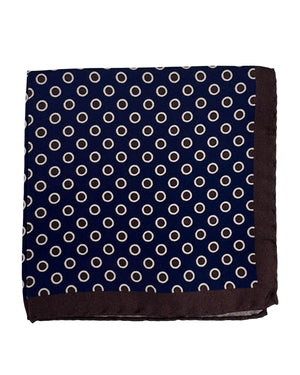 Luigi Borrelli Silk Pocket Square Midnight Blue Brown Dots Circles