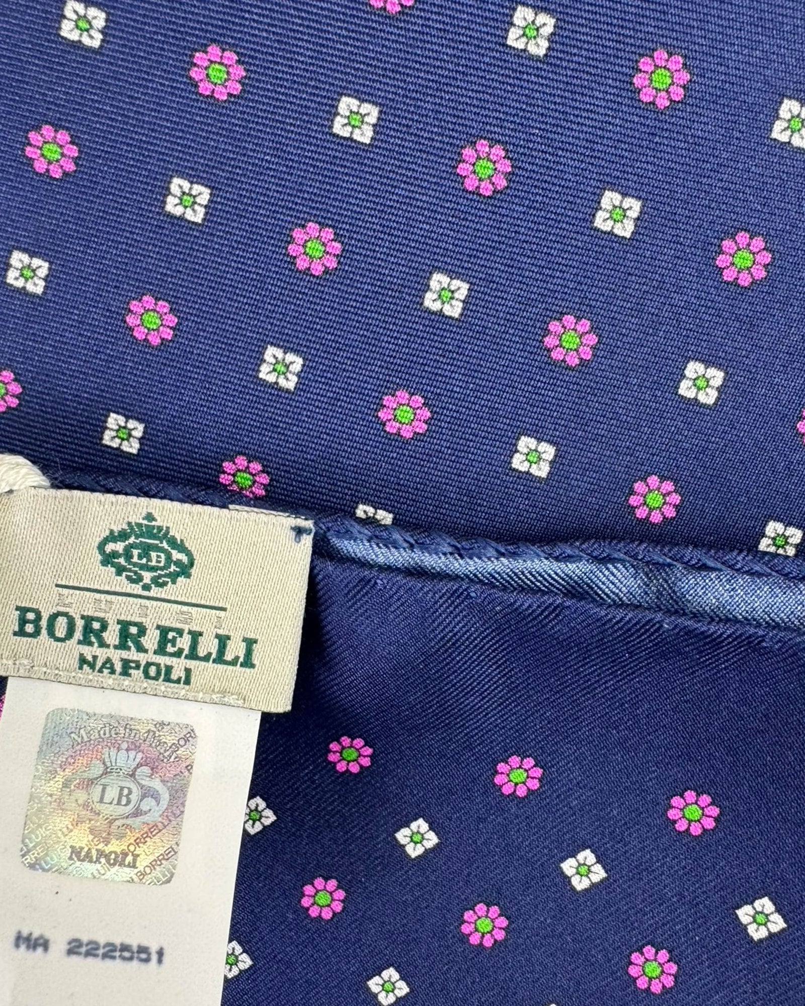 Borrelli Pocket Square Navy Pink Mini Flowers