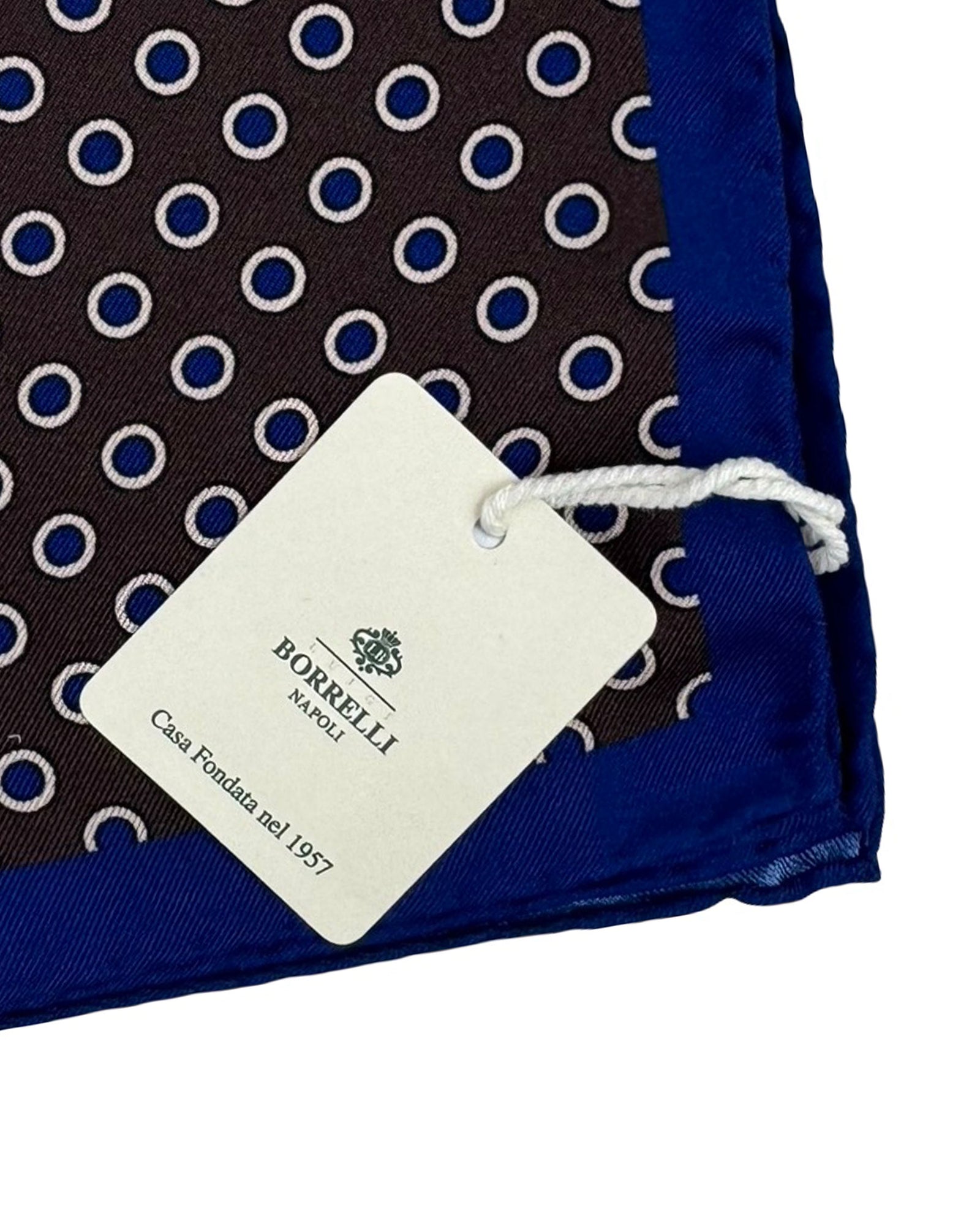 Luigi Borrelli Silk Pocket Square Midnight Blue Brown Dots Circles