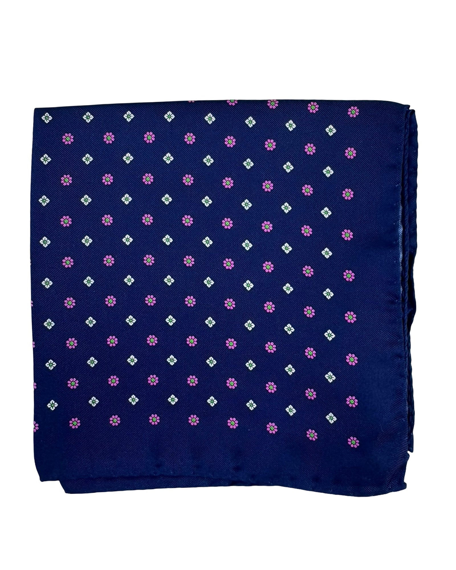 Borrelli Pocket Square Navy Pink Mini Flowers