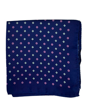 Borrelli Pocket Square Navy Pink Mini Flowers