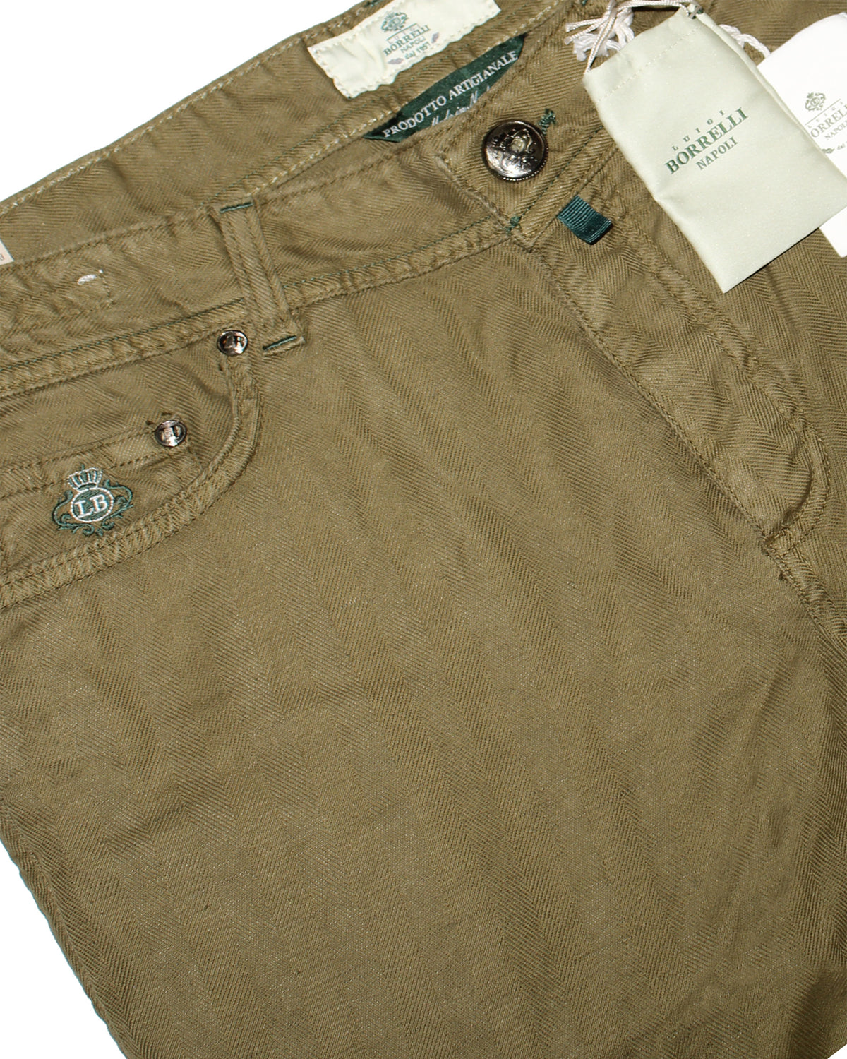 Luigi Borrelli Jeans Olive Green Linen Cotton 34 Slim Fit