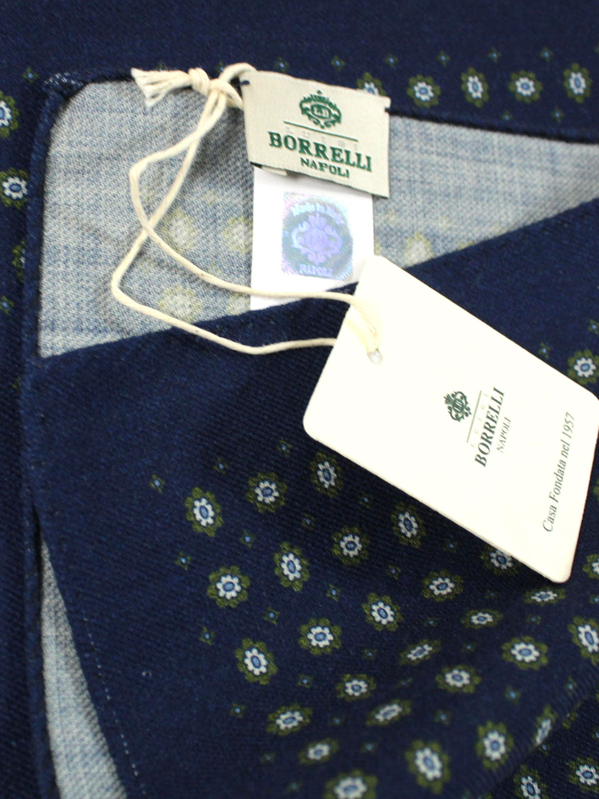 Luigi Borrelli Wool Pocket Square Navy Green Floral