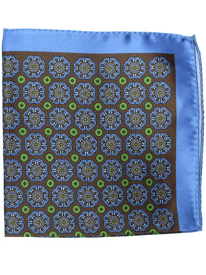 Luigi Borrelli Silk Pocket Square Blue Brown Green Medallions