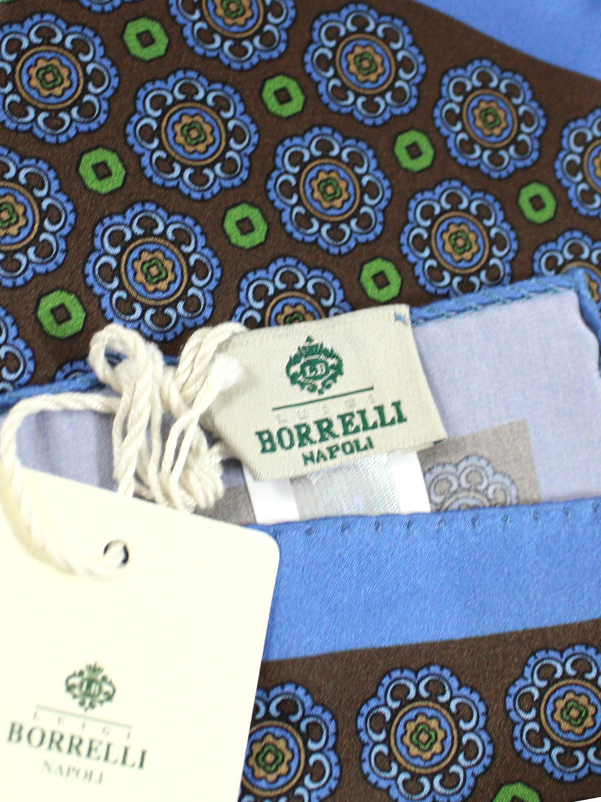 Luigi Borrelli Silk Pocket Square Blue Brown Green Medallions