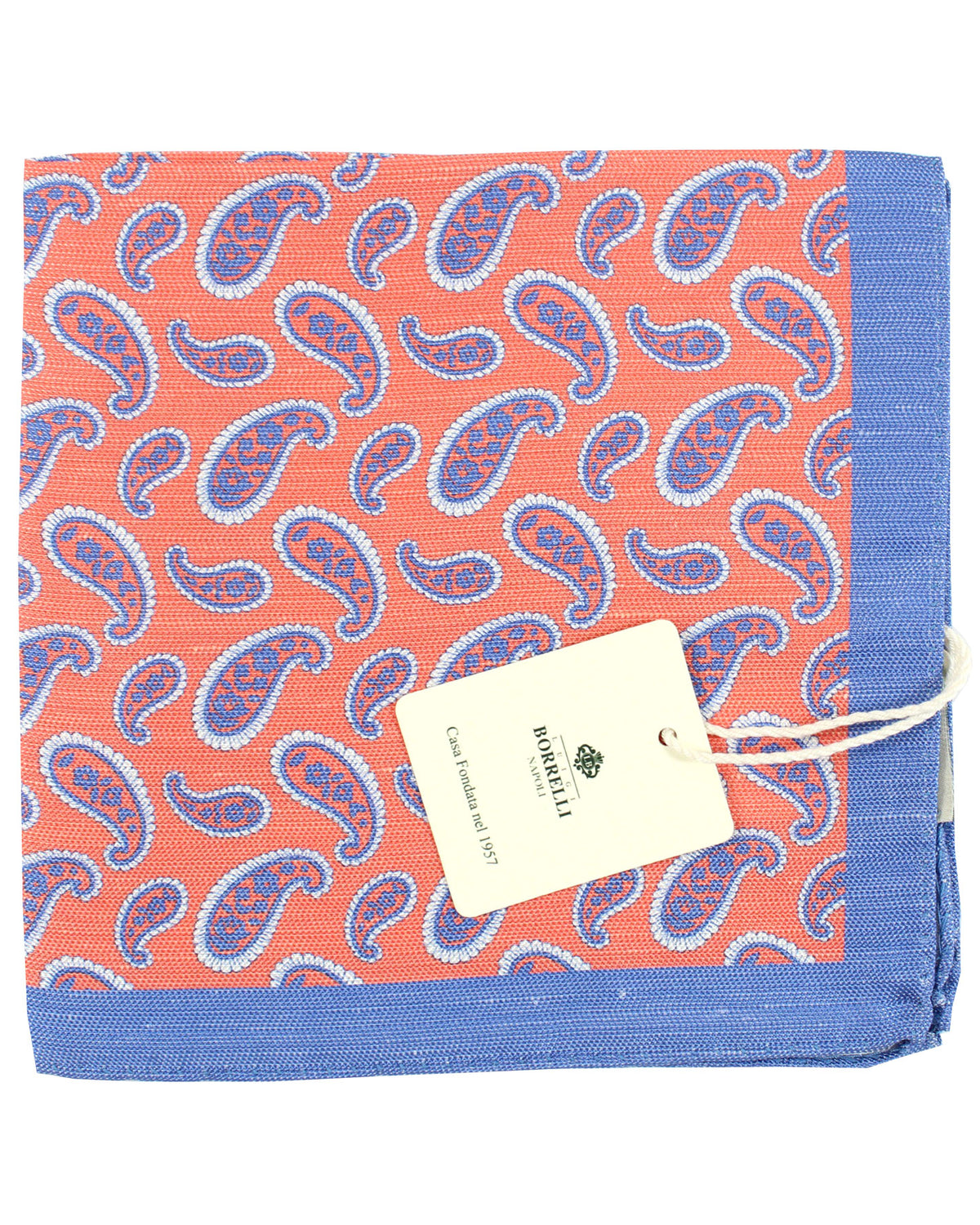 Luigi Borrelli Linen Pocket Square Orange Blue Paisley