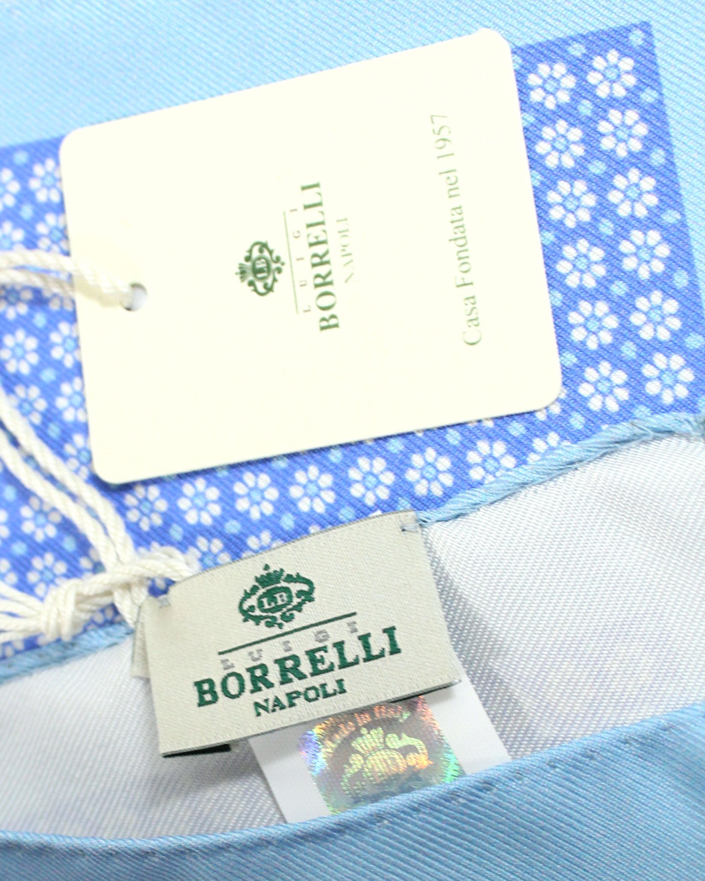 Luigi Borrelli Linen Silk Pocket Square Sky Blue Purple Mini Floral