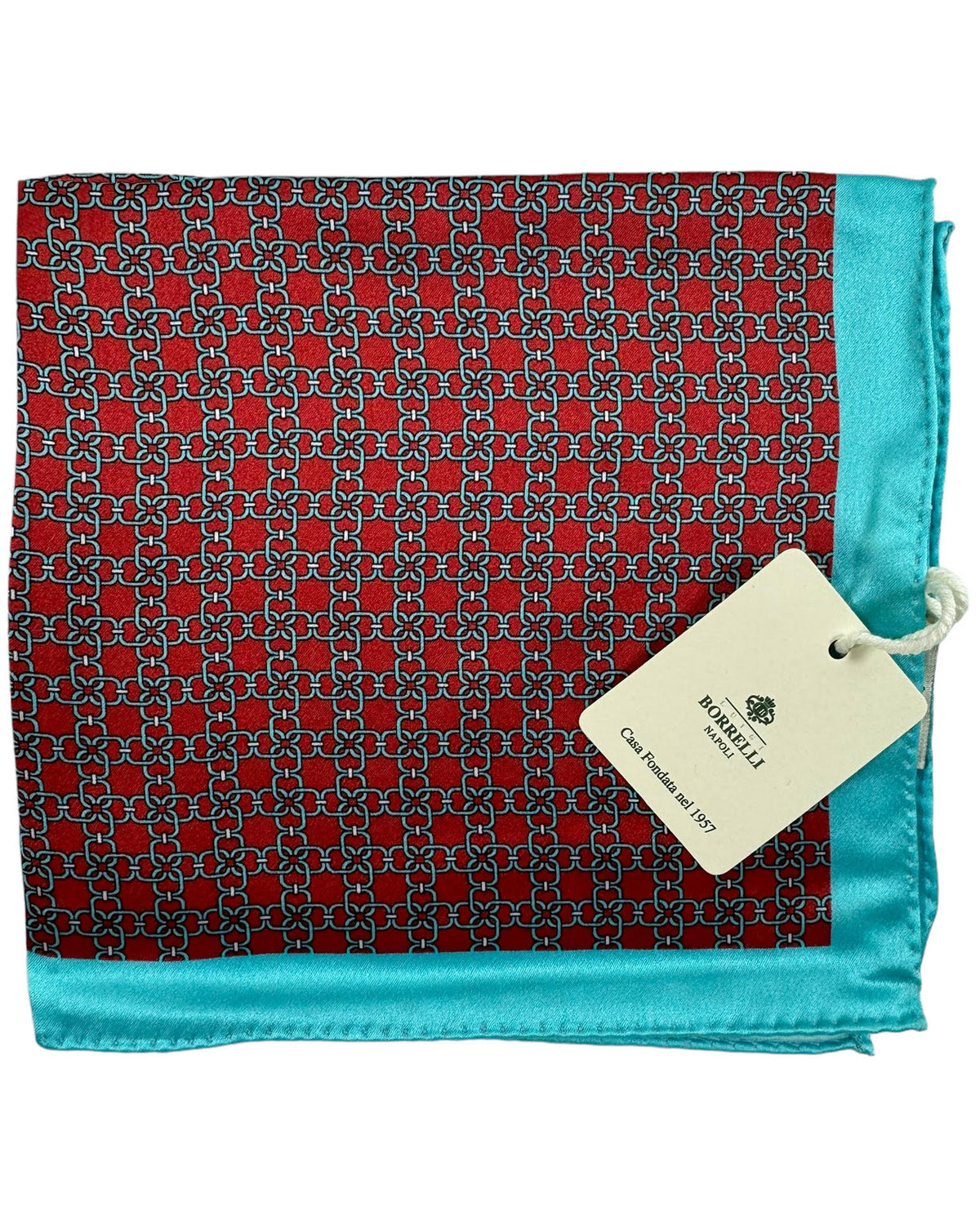 Luigi Borrelli Silk Pocket Square Maroon Aqua Geometric