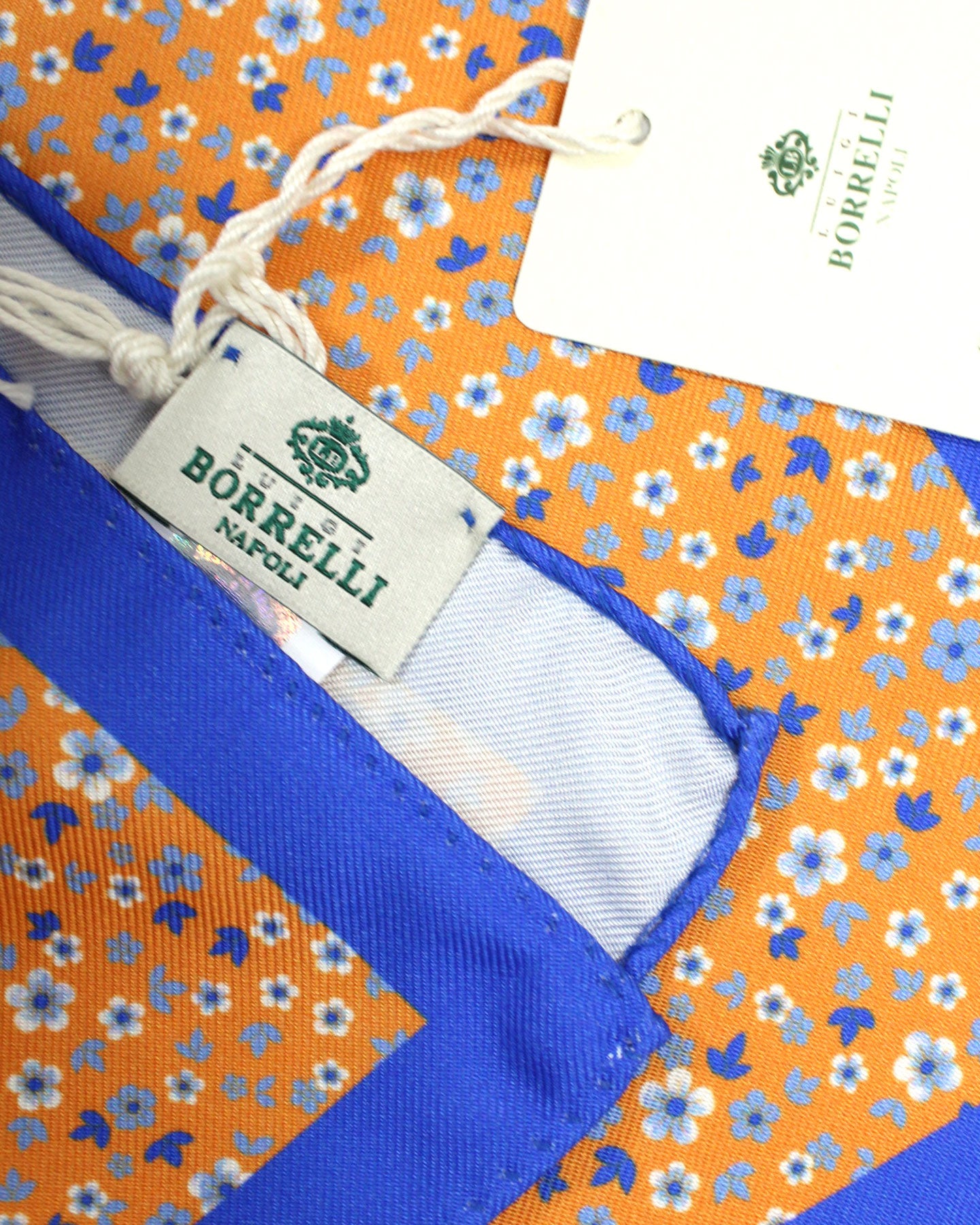 Luigi Borrelli Silk Pocket Square Orange Royal Blue Mini Floral
