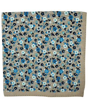 Luigi Borrelli Silk Pocket Square Taupe Blue White Flowers