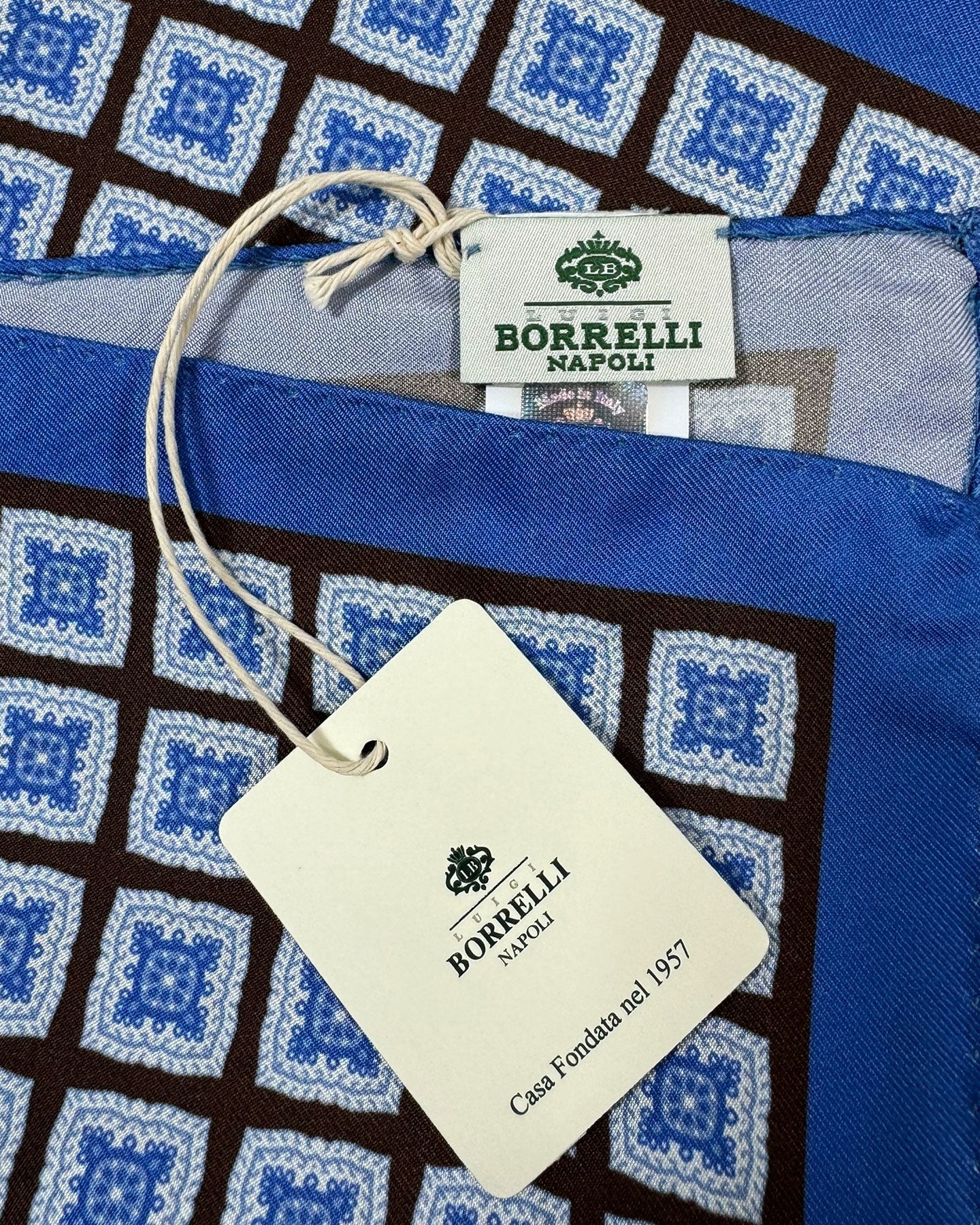 Luigi Borrelli Silk Pocket Square Blue Silver Medallion