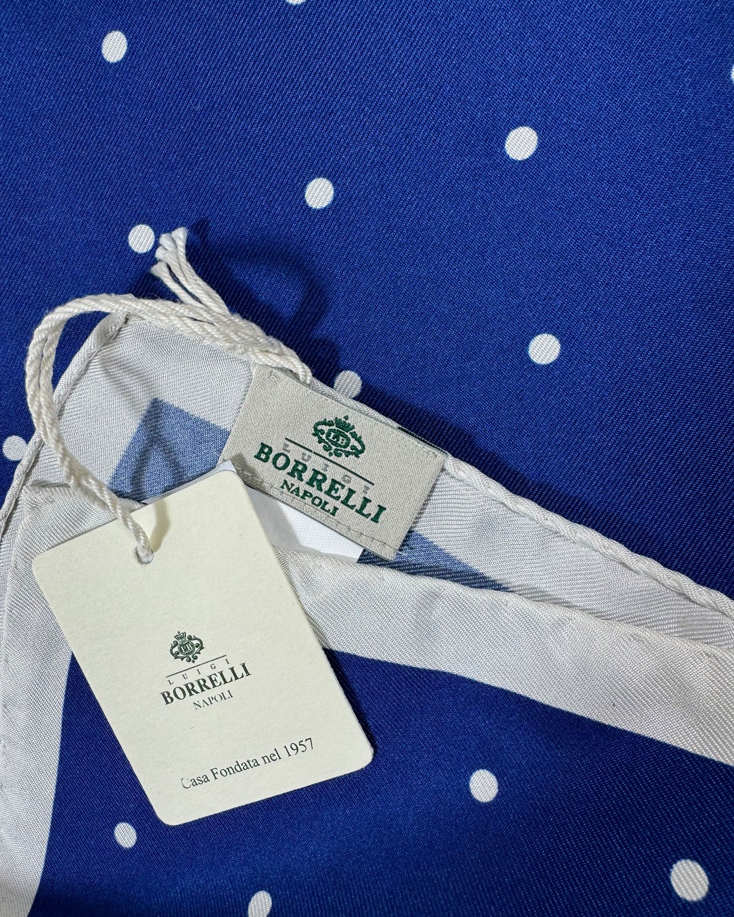 Luigi Borrelli Silk Pocket Square Navy White Dots