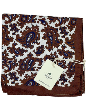 Luigi Borrelli Silk Pocket Square Brown Dark Blue Paisley