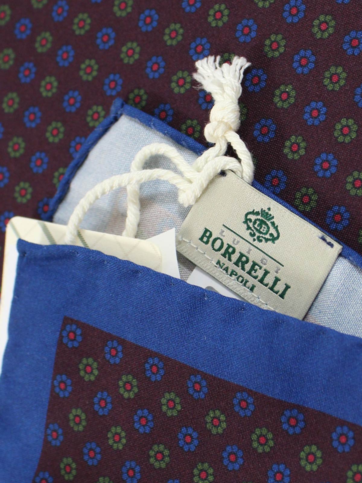 Luigi Borrelli Silk Pocket Square Maroon Royal Blue Green Mini Flowers