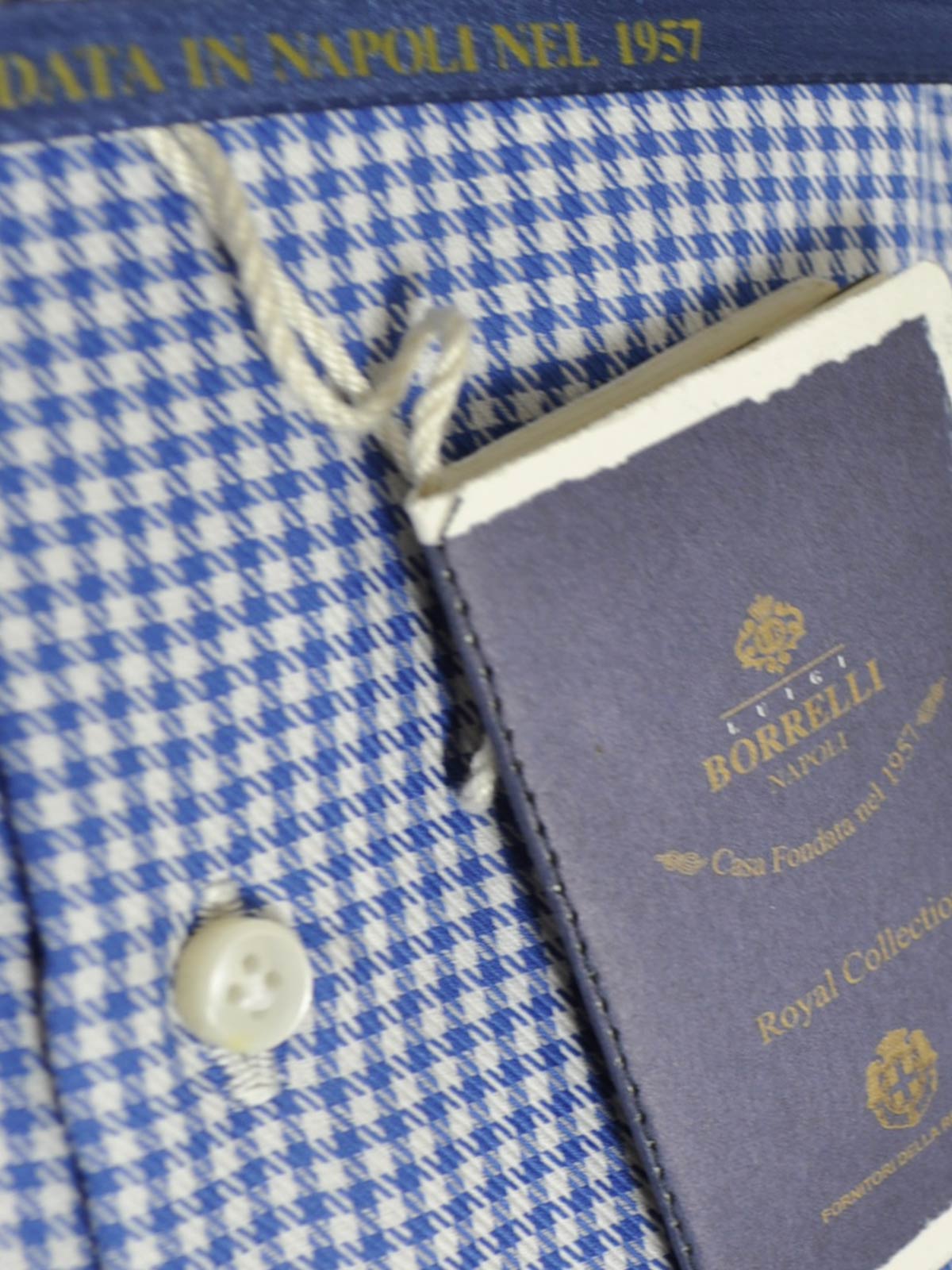 Luigi Borrelli Dress Shirt ROYAL COLLECTION White Royal Blue Houndstooth 