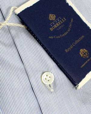 Luigi Borrelli Dress Shirt White Blue Stripes - Royal Collection 38 - 15 SALE
