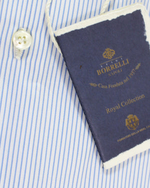 Luigi Borrelli Dress Shirt White Blue Stripes 44 - 17 1/2 Royal Collection