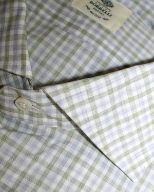 Borrelli Dress Shirt White Green Blue Check 