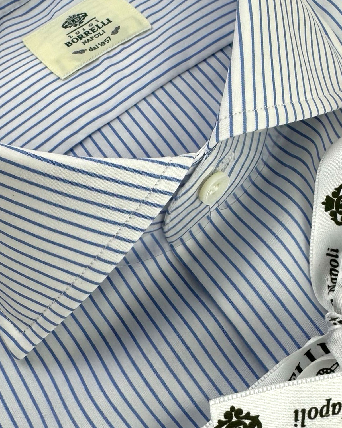 Luigi Borrelli Dress Shirt White Navy Stripes 38 - 15