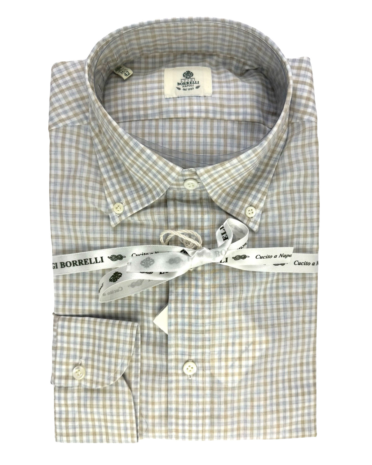 Luigi Borrelli Dress Shirt Button-Down  White Brown Gray Check