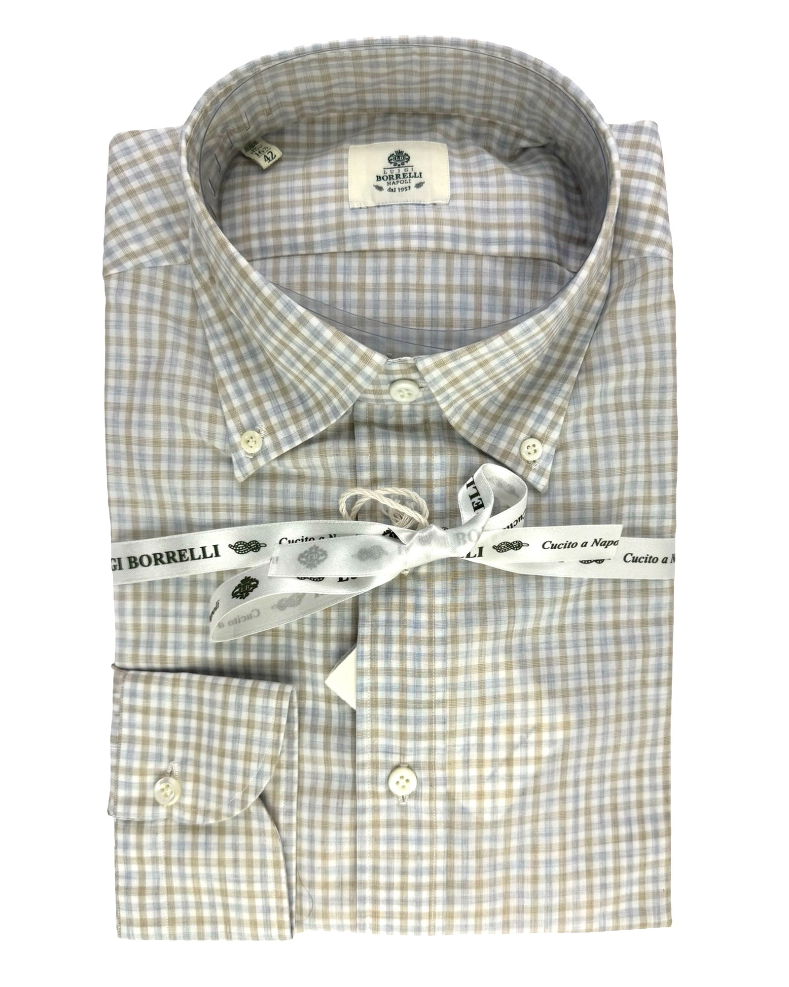 Luigi Borrelli Dress Shirt Button-Down  White Brown Gray Check
