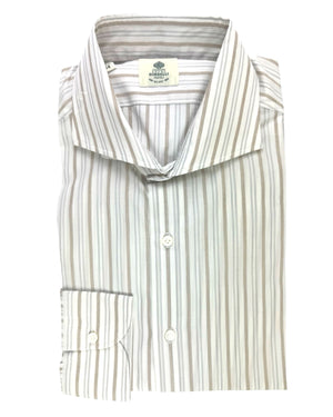 Luigi Borrelli Dress Shirt White Taupe Gray Stripes 39 -15 1/2 Cutaway Collar SALE