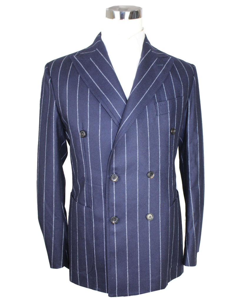 Luigi Borrelli Double Breasted Suit Midnight Blue Gray Pin Stripes