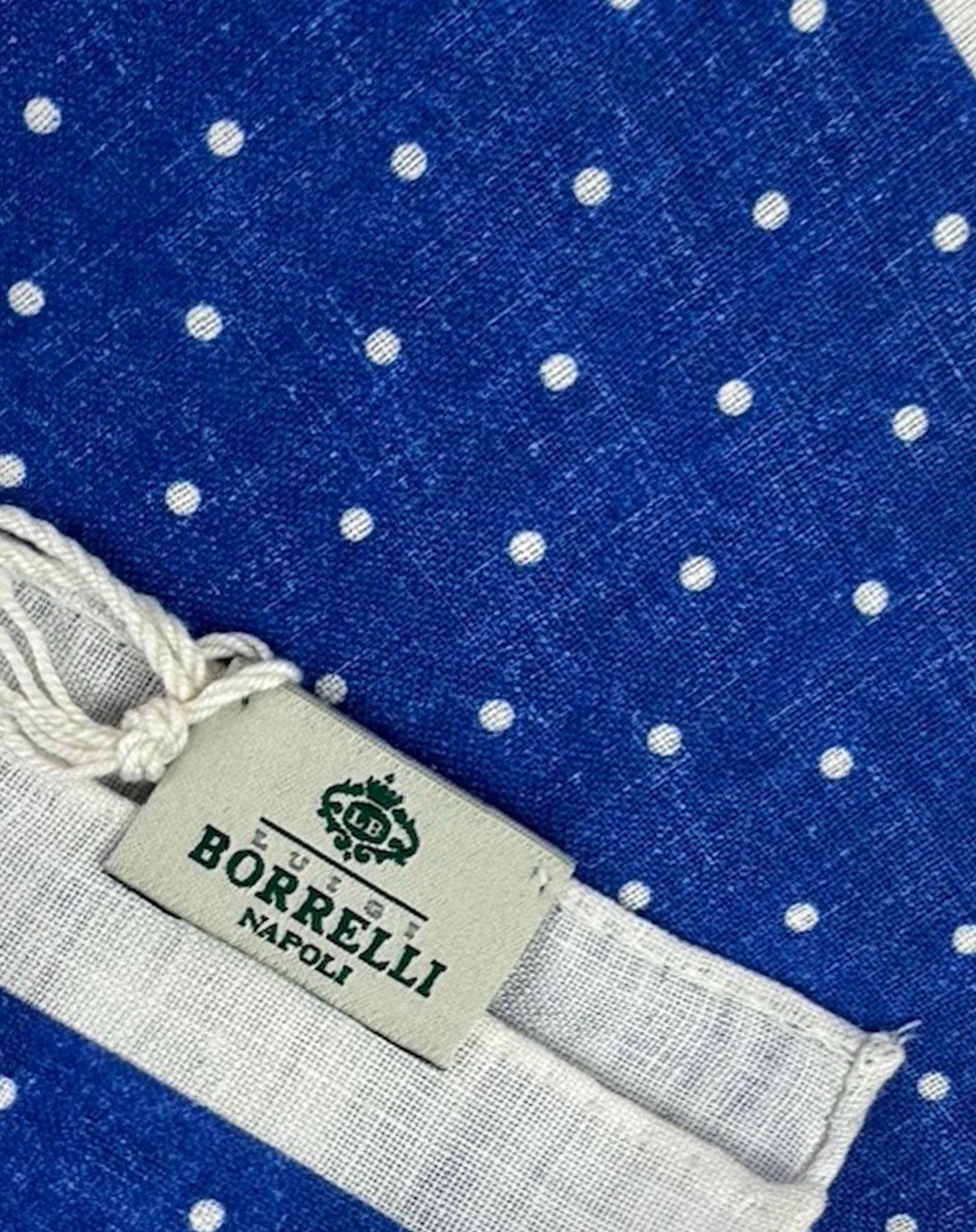 Luigi Borrelli Linen Pocket Square White Royal Blue Dots