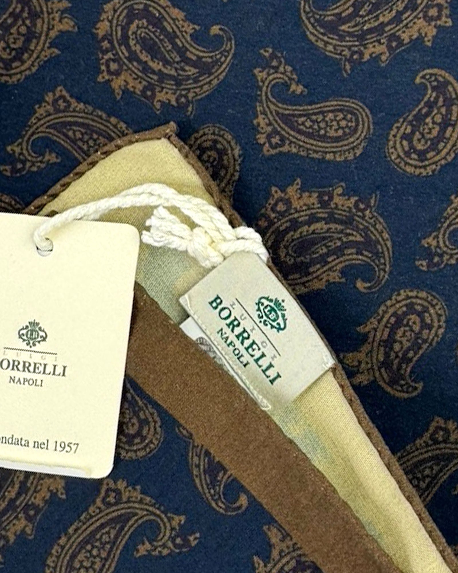 Luigi Borrelli Pocket Square Brown Navy Paisley