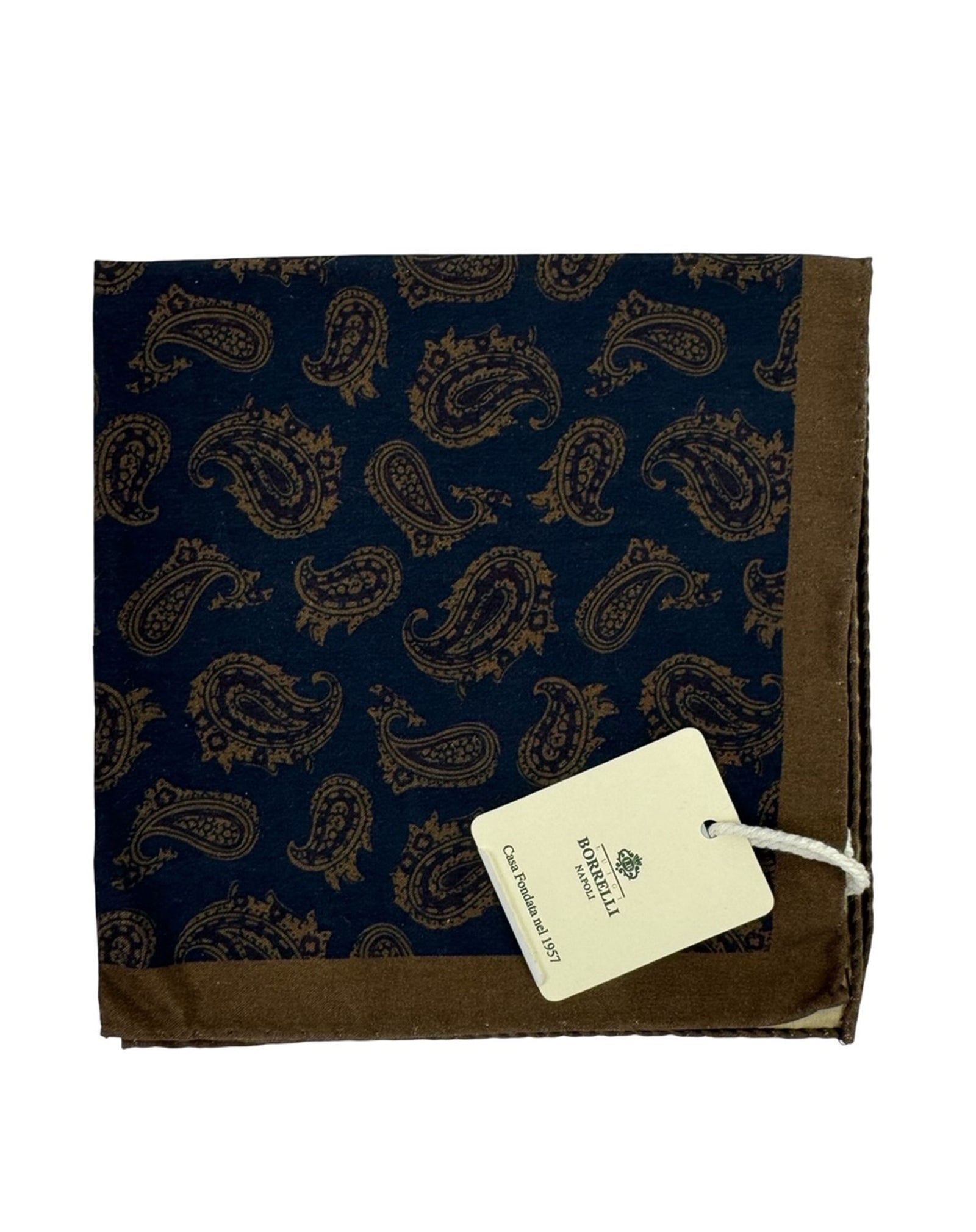 Luigi Borrelli Pocket Square Brown Navy Paisley