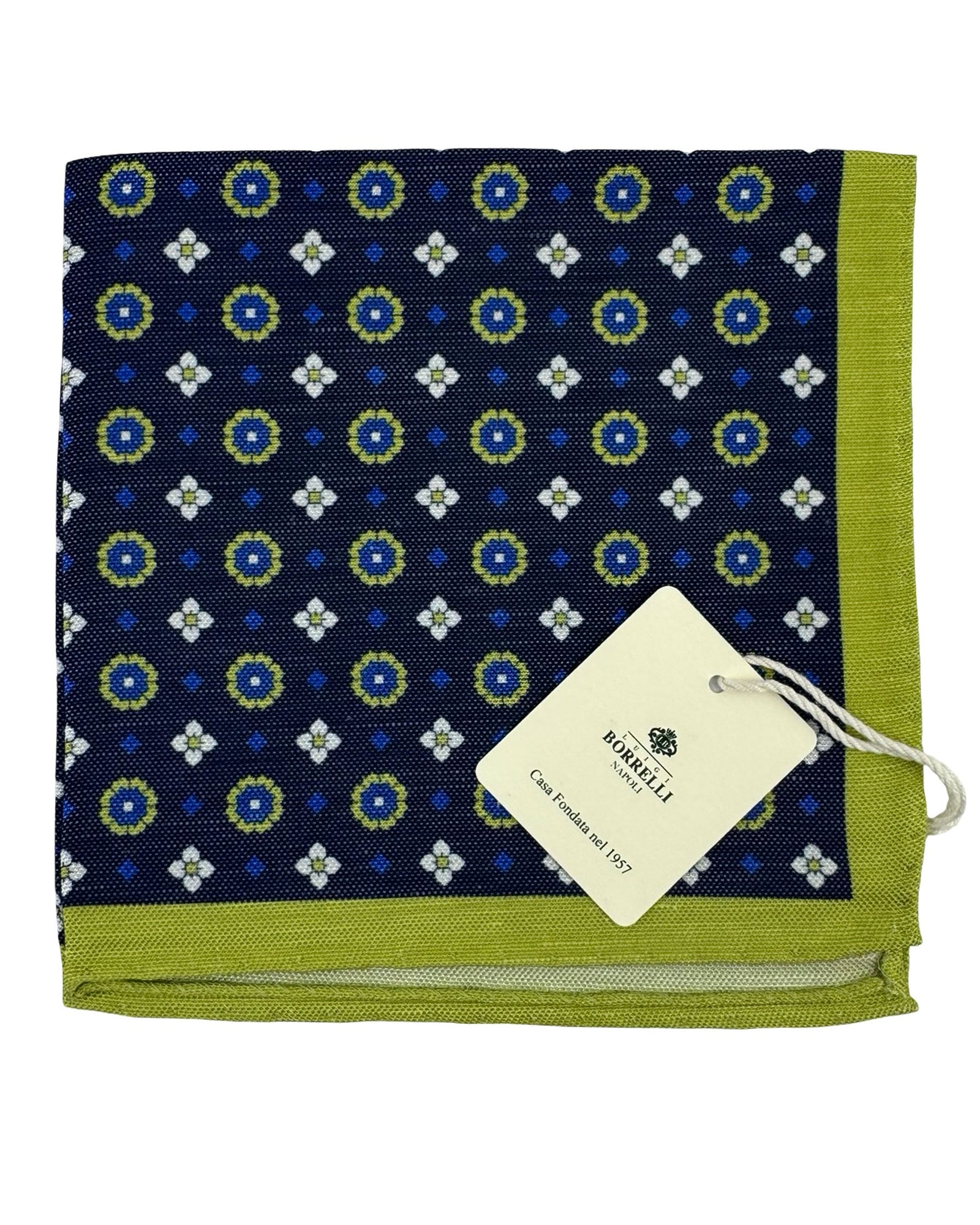 Luigi Borrelli Pocket Square Navy Olive Medallion - Linen Silk
