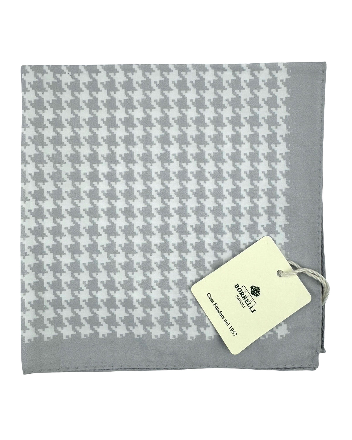 Luigi Borrelli Cotton Pocket Square White Gray Houndstooth