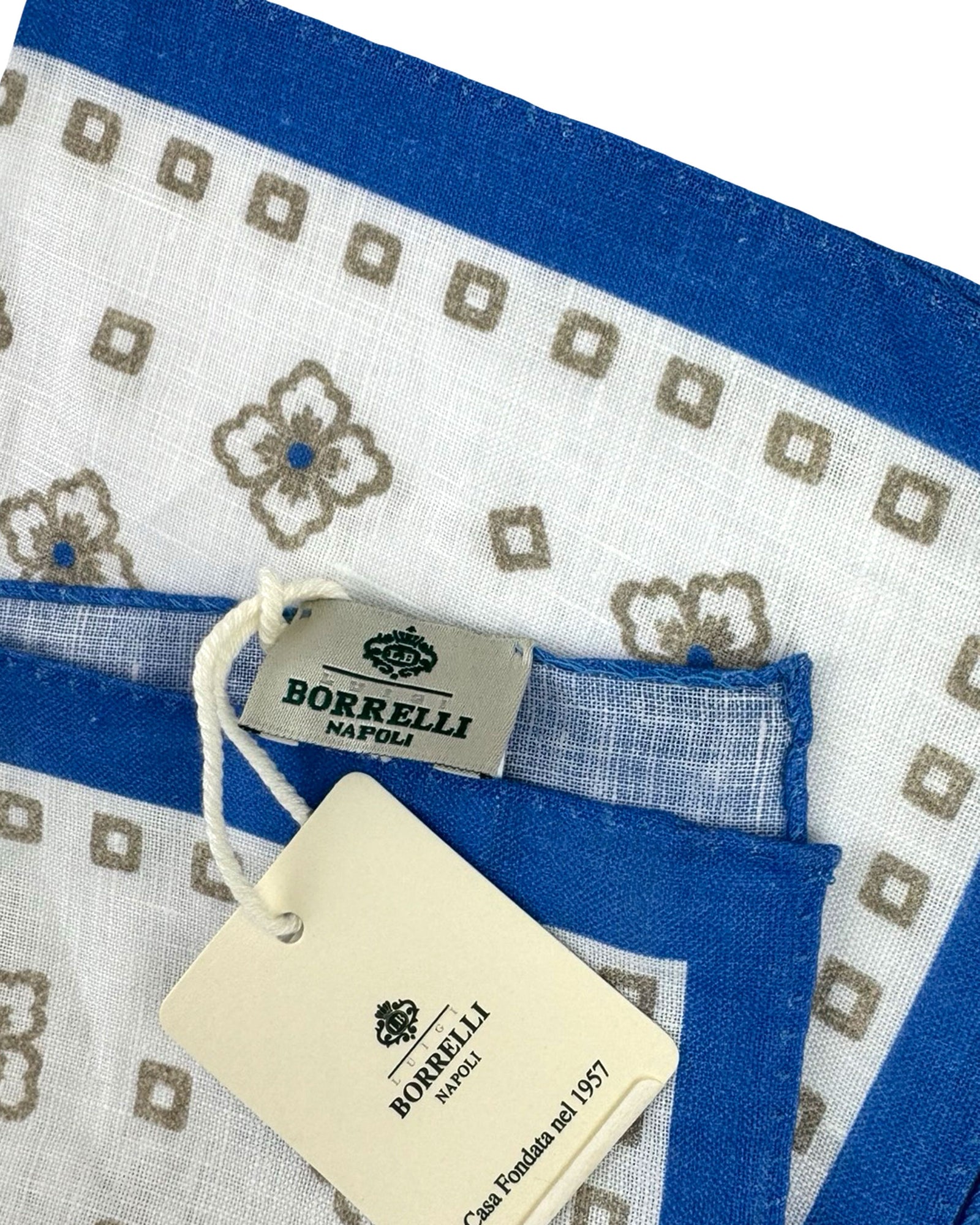 Luigi Borrelli Linen Pocket Square White Taupe Blue