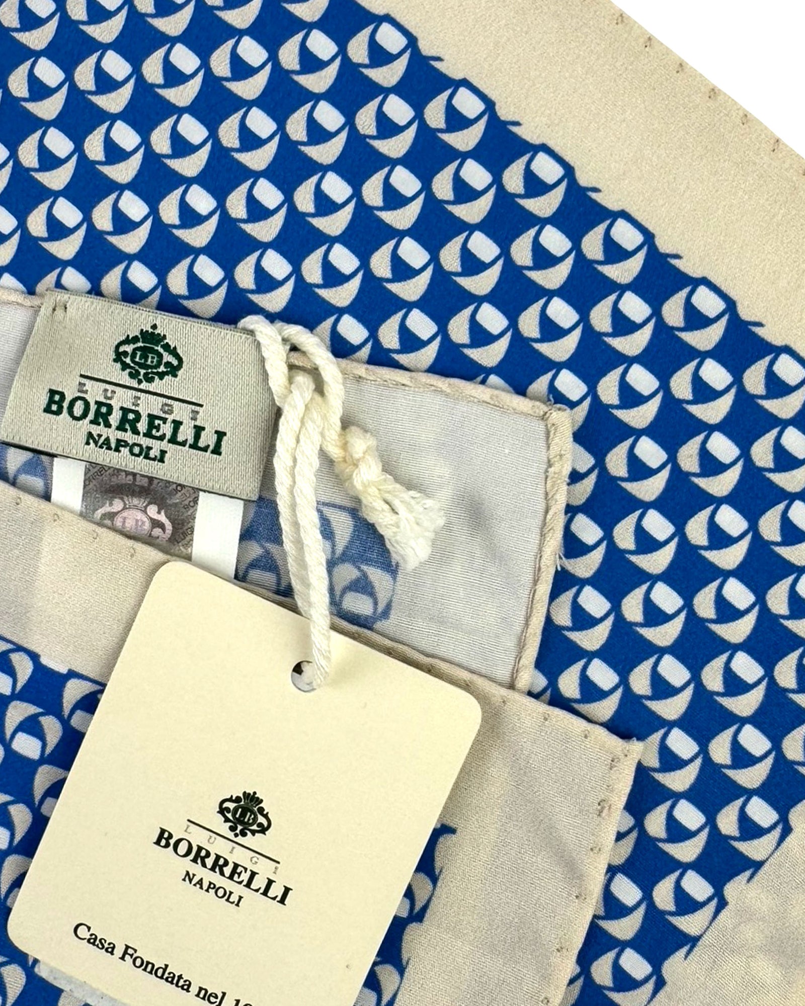 Luigi Borrelli Cotton Pocket Square Royal Blue Cream