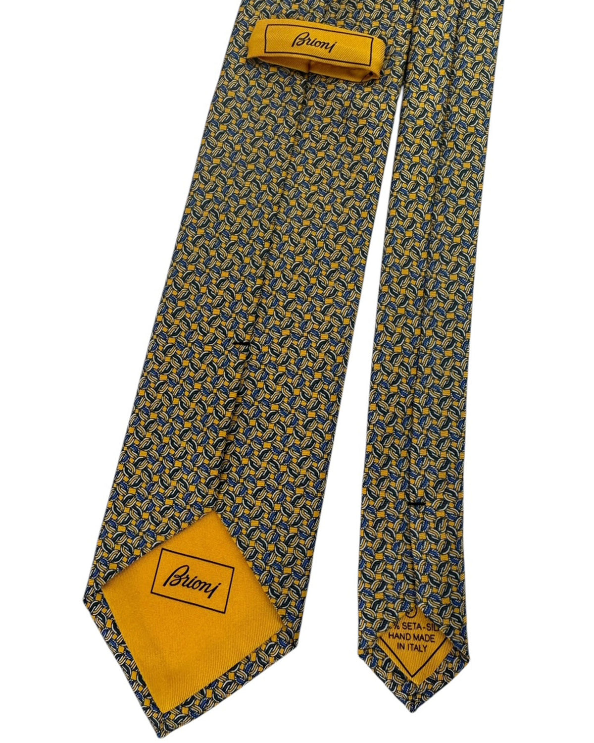 Brioni Silk Tie Golden& Blue Chain Link Pattern