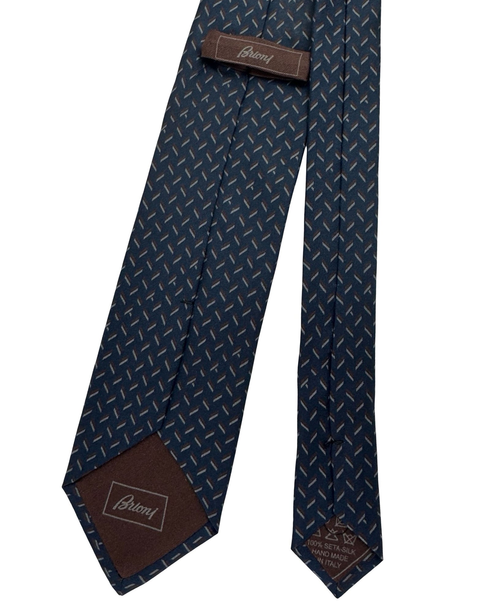 Brioni Silk Tie Midnight Blue Gray Diagonal Dash Pattern