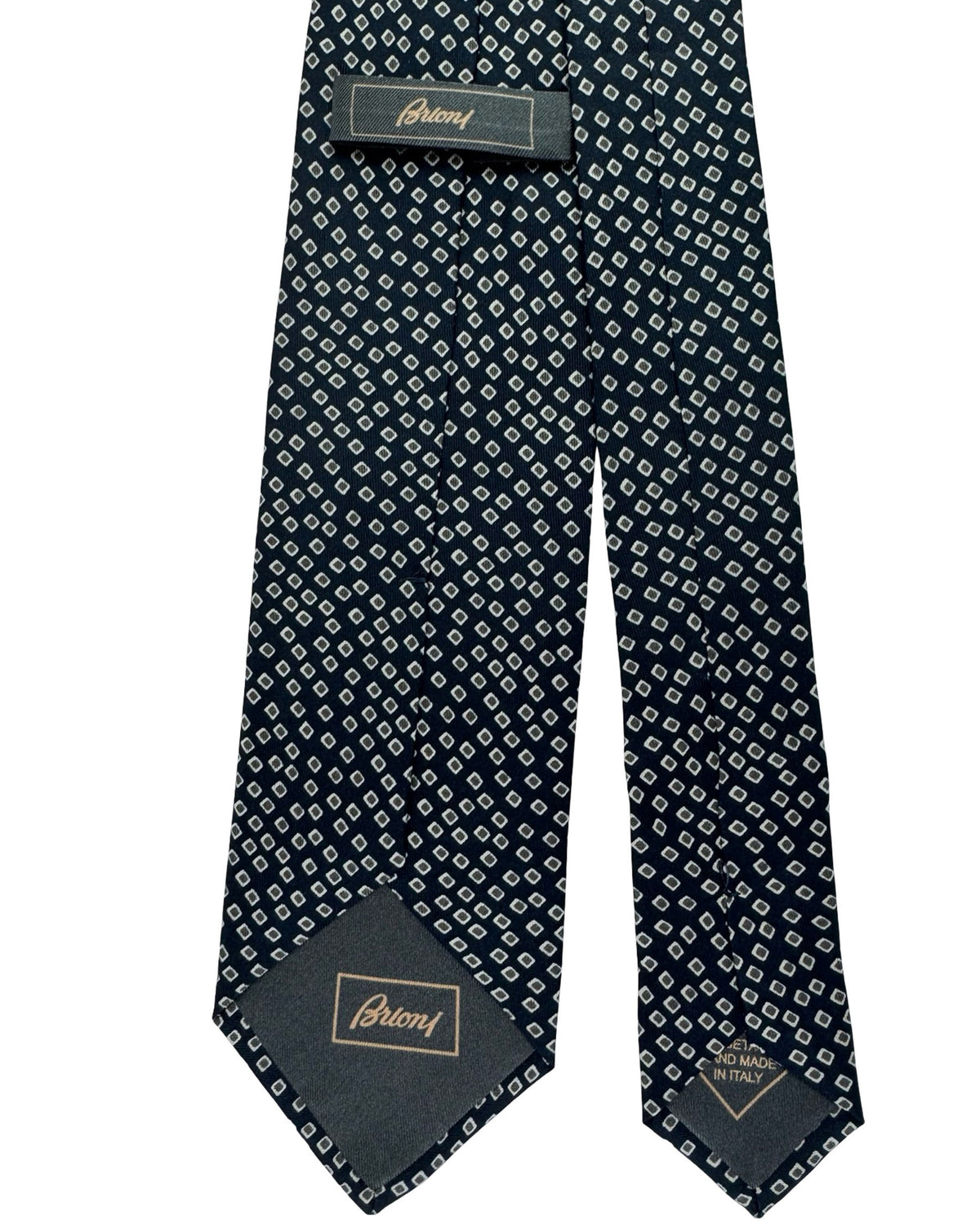 Brioni Silk Tie Navy Blue Small Tan Diamond Pattern