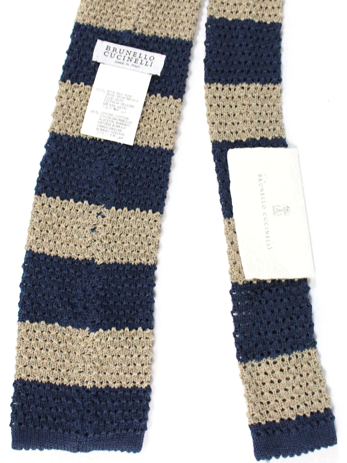 Brunello Cucinelli Square End Knitted Tie Navy Taupe Stripes