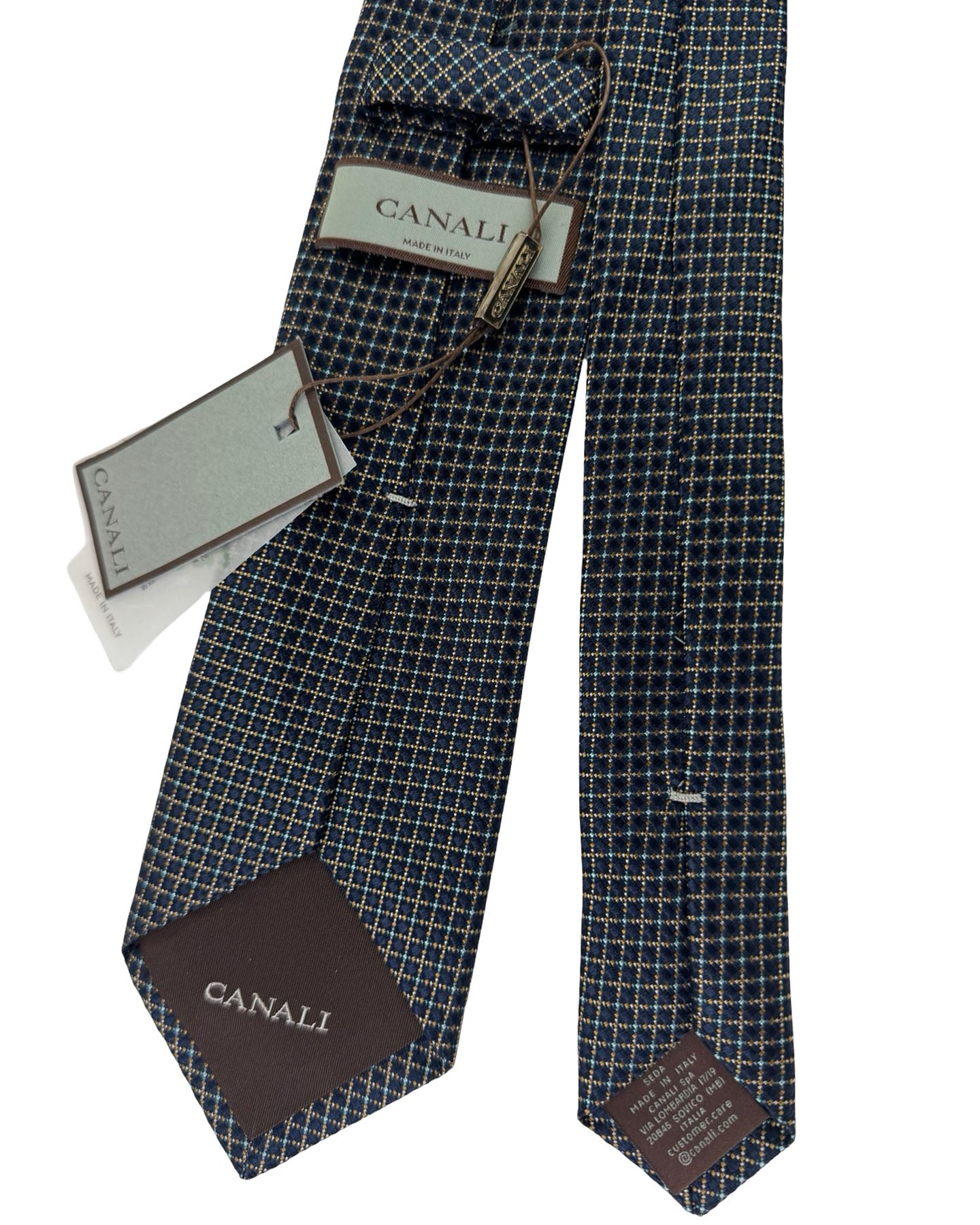Canali Tie Midnight Blue Gold & Teal Micro Check Pattern