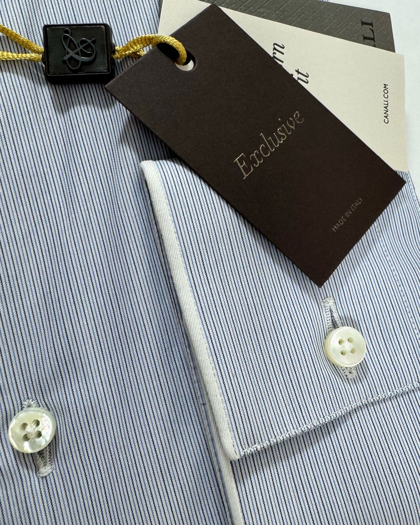Canali Dress Shirt Exclusive White Navy Blue Stripes 